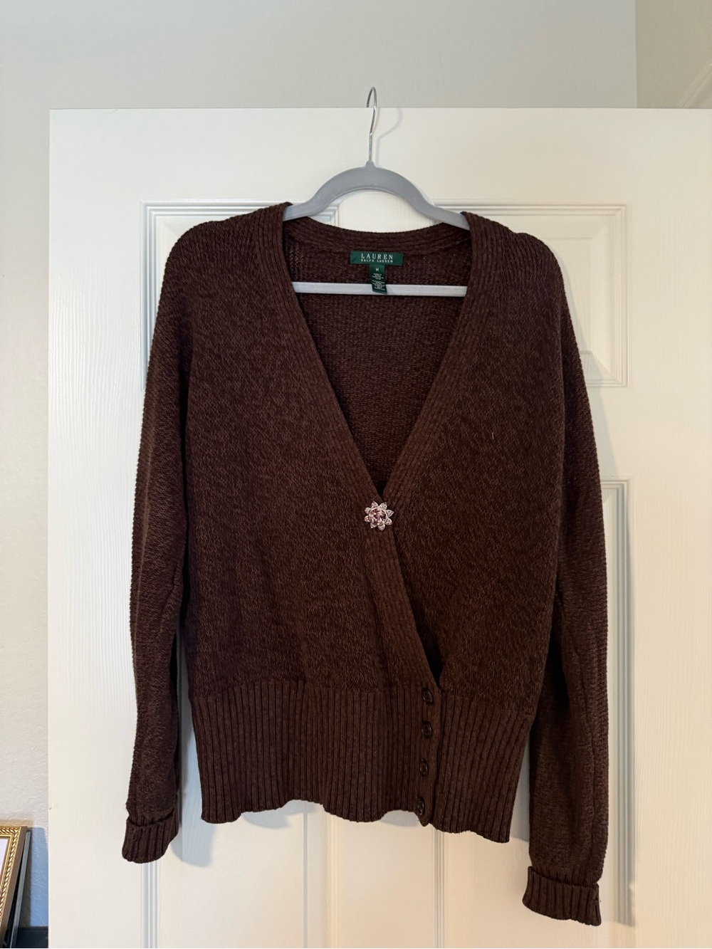 Lauren Ralph Lauren Chocolate Brown V-Neck Button Front Cardigan